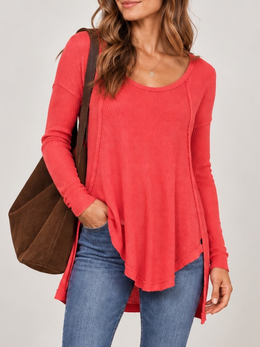 Free People Ventura Thermal Top Long Sleeve Split Hem Coral Poppy Size Small